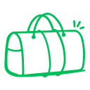 Un simple dessin au trait vert d'un sac de sport avec deux poignées et une petite marque d'accentuation, suggérant le mouvement, sur un fond gris clair - capturant parfaitement l'essence du portage, des bagages événements ou du service bagagerie mobile.