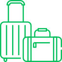 Deux dessins verts de bagages - une valise à roulettes avec une poignée allongée et un sac de sport plus petit - sont présentés sur un fond clair, parfaits pour illustrer les services de consigne bagages France ou de portage bagages événements.