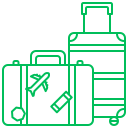 Dessin au trait de deux valises ; l'une comporte des autocollants sur le thème du voyage, tels qu'un avion et une étiquette, tandis que l'autre est munie d'une poignée allongée, illustrant le stockage, les bagages sécurisés et la préparation au voyage.