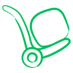 Un simple dessin au trait vert d'un diable ou d'un chariot transportant une boîte carrée, représenté sur un fond gris clair, symbolisant la consigne bagages France et la livraison sécurisée des bagages.