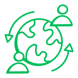 Dessin au trait vert d'un globe terrestre avec deux figures humaines abstraites sur les côtés opposés et des flèches courbes les reliant, symbolisant la connexion mondiale - idéal pour illustrer la consigne bagages France ou un service de livraison bagages sécurisée.