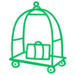 Dessin au trait vert d'un chariot de portage bagages événements avec une seule valise, représenté sur un fond blanc.