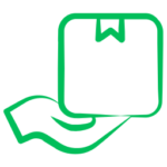Contour vert d'une main tenant une boîte avec un symbole de signet sur la boîte, représenté sur un fond clair, représentant un service de bagagerie mobile ou de livraison bagages sécurisée.