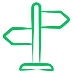 Contour vert d'un panneau de signalisation avec deux flèches directionnelles pointant vers la gauche et la droite, sur un fond gris clair - parfait pour illustrer le service bagagerie mobile ou la livraison bagages sécurisée.