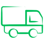 Icône simple, verte, dessinée au trait, d'un camion de livraison tourné vers la droite sur un fond gris clair, symbolisant le portage bagages événements ou le service bagagerie mobile.