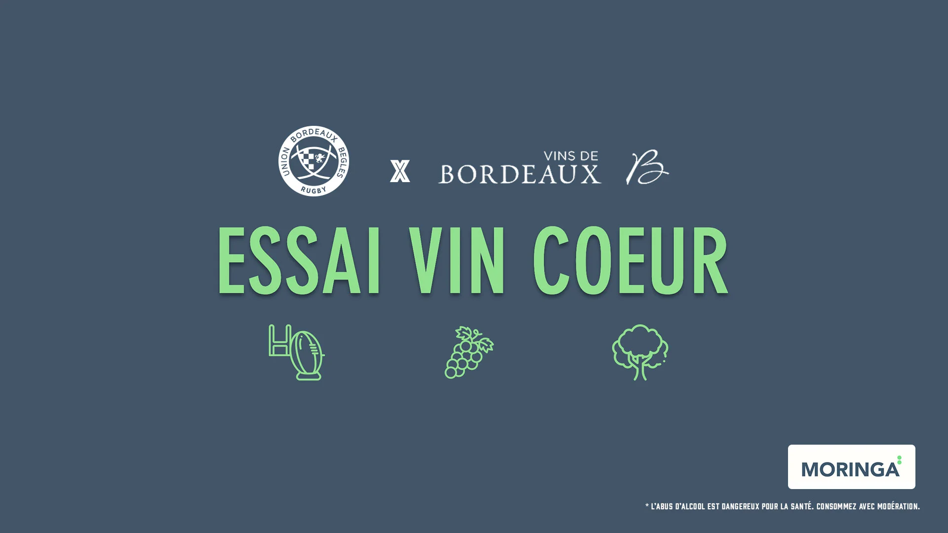 Graphique bleu foncé avec texte blanc et vert indiquant "ESSAI VIN COEUR". Les logos des vins de Bordeaux et de Moringa apparaissent, avec des icônes vertes représentant un microphone, des raisins, un arbre et un verre à vin - parfait pour le portage de bagages lors d'événements en France.
