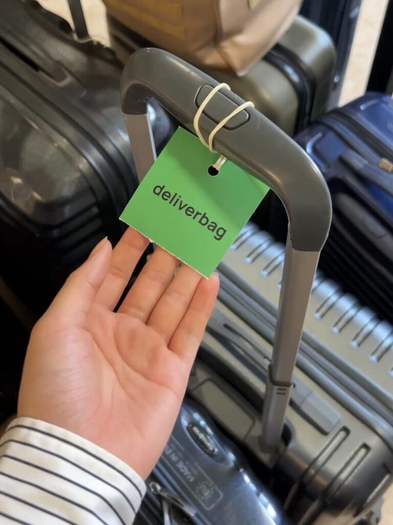 Une main tient la poignée d'une valise grise avec une étiquette verte "deliverbag", entourée d'autres valises - mettant en évidence les options consigne bagages France et livraison bagages sécurisée.