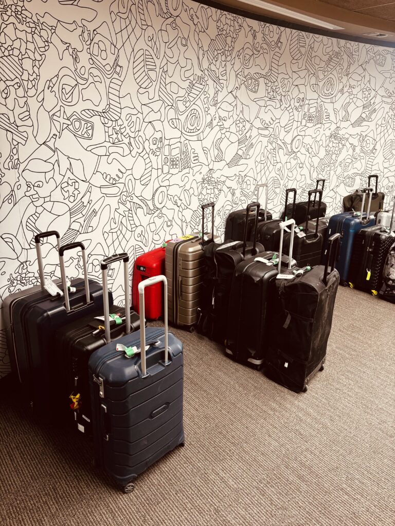 Plusieurs valises et sacs de voyage aux poignées allongées sont alignés contre un mur orné d'œuvres d'art abstraites en noir et blanc, présentant une bagagerie de service mobile dans une pièce recouverte de moquette.