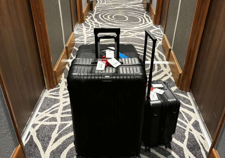 Deux valises noires aux poignées déployées et aux étiquettes de bagages attachées sont posées sur un tapis à motifs près de portes en bois, prêtes pour un service de bagagerie mobile ou de consigne bagages France lors de vos déplacements.