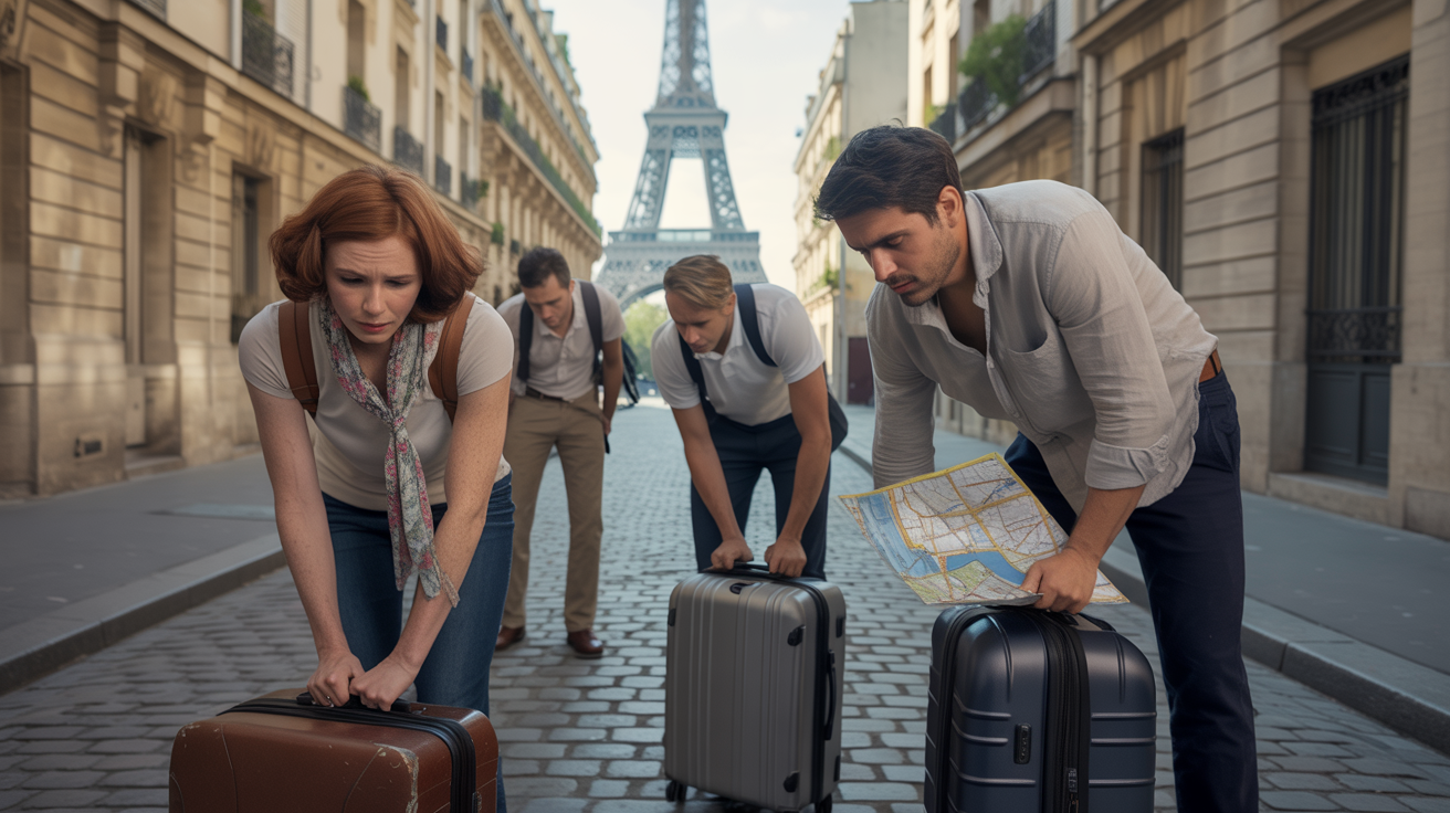 Quatre voyageurs avec des valises ont l'air épuisé dans une rue de Paris près de la Tour Eiffel ; l'un d'eux consulte une carte alors qu'ils font une pause sur la route pavée, entourée de bâtiments classiques de la ville - idéal pour la consigne bagages France ou la livraison bagages sécurisée.