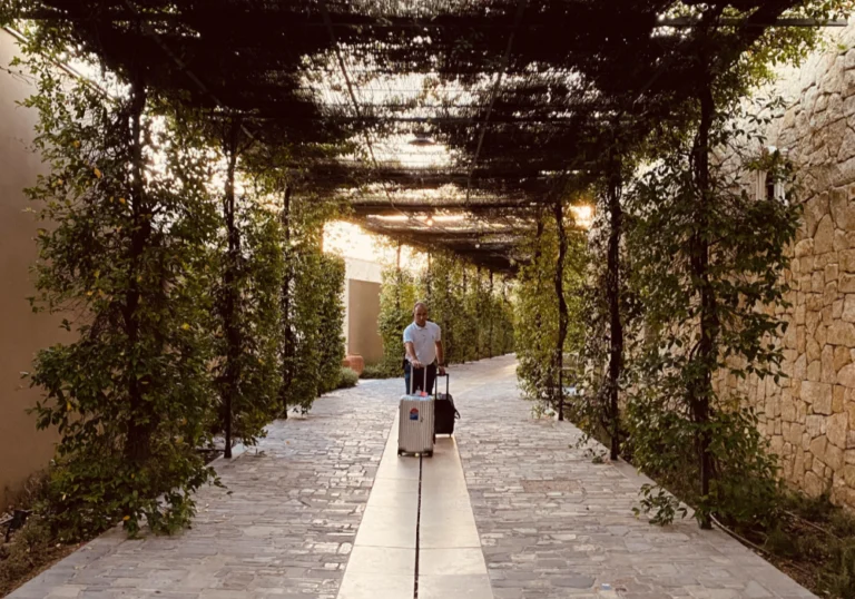 Une personne marche sur un chemin de pierre bordé de verdure, tirant deux valises sous un treillis ombragé, où les murs de pierre et les plantes luxuriantes créent un cadre paisible - parfait pour le portage de bagages événements ou la livraison de bagages sécurisés.