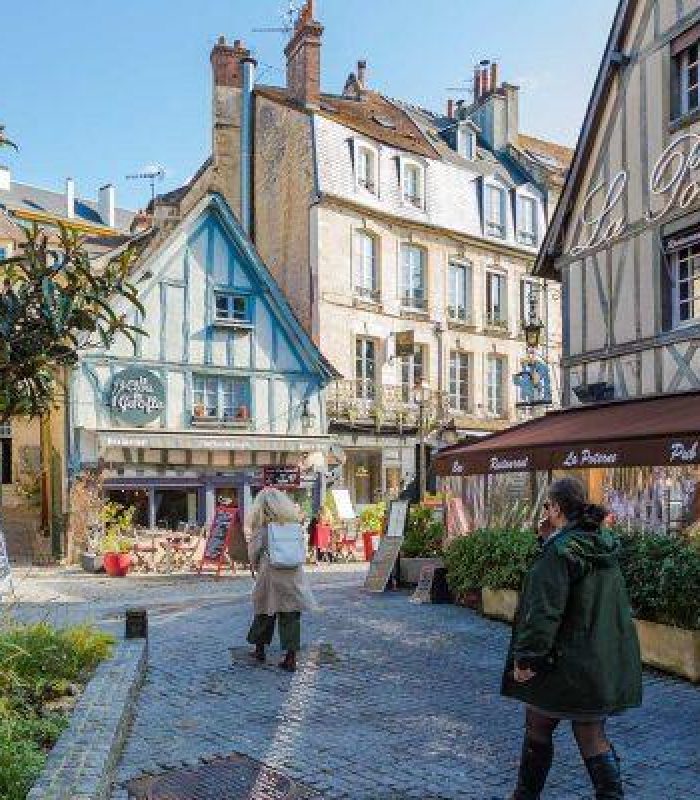 A charming European street scene with people walking, colourful half-timbered buildings, open-air restaurants and greenery on a sunny day. Signs in French can be seen on the buildings.