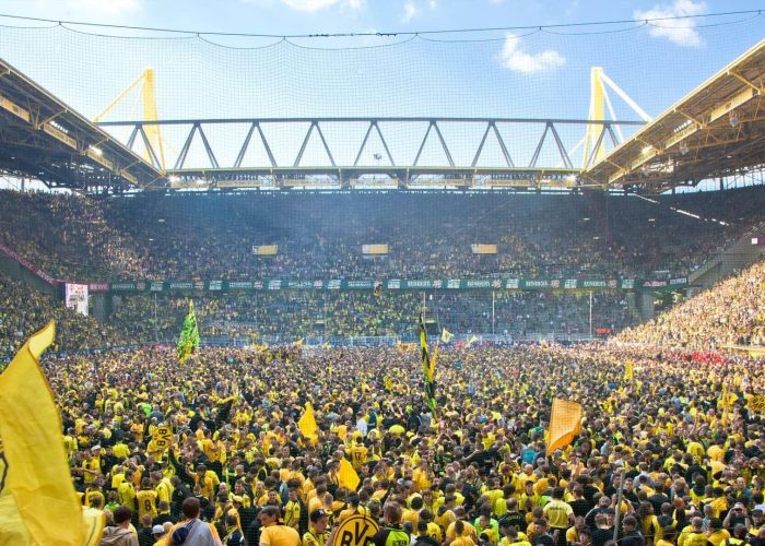 Une foule de supporters de football, principalement vêtus de jaune et de noir, remplit les tribunes et le terrain d'un stade, agitant des drapeaux et célébrant sous un ciel ensoleillé. Le stade est bondé et vibrant d'excitation.