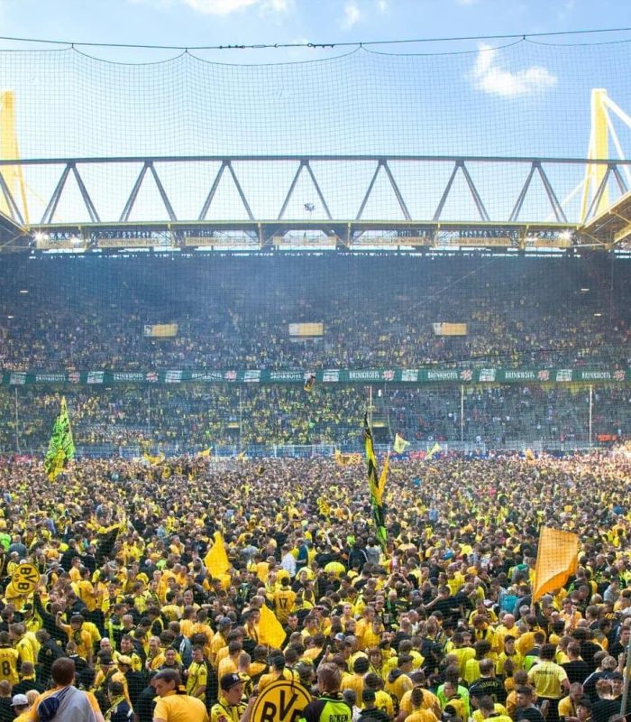 Une foule de supporters de football, principalement vêtus de jaune et de noir, remplit les tribunes et le terrain d'un stade, agitant des drapeaux et célébrant sous un ciel ensoleillé. Le stade est bondé et vibrant d'excitation.
