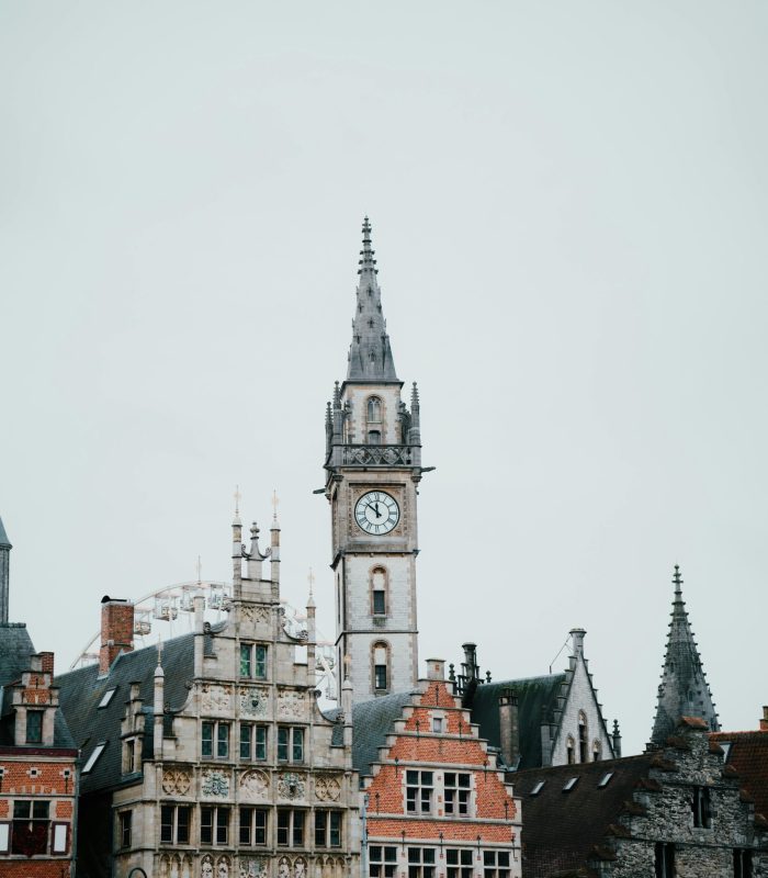 Une haute tour d'horloge avec une flèche pointue s'élève au-dessus de bâtiments historiques ornés, avec des toits à pignons et des façades décoratives, sous un ciel pâle et couvert.