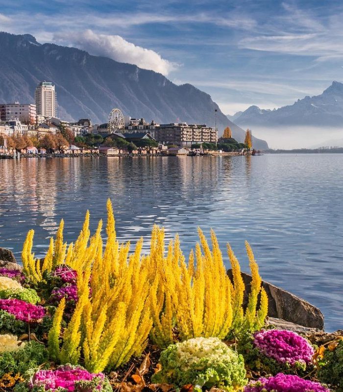 Des fleurs colorées bordent une promenade au bord d'un lac, avec des bâtiments et une grande roue, sur fond de montagnes, d'eau calme et de ciel partiellement nuageux. La scène est tranquille et pittoresque.