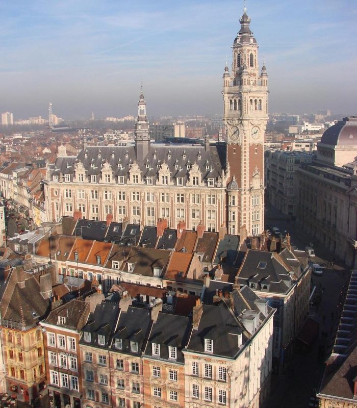 Vue aérienne de Lille, France, avec des bâtiments historiques aux façades colorées et le grand beffroi de la Chambre de commerce dans un ciel clair.