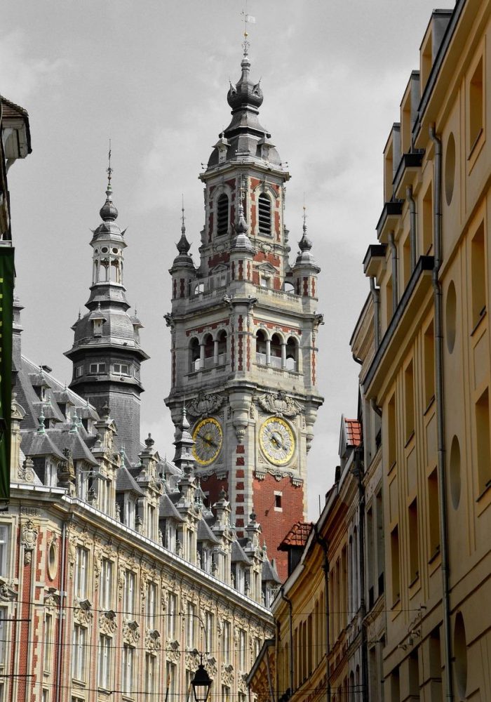 Une haute tour d'horloge ornée d'une flèche s'élève au-dessus de bâtiments historiques aux façades décoratives et aux fenêtres cintrées, sous un ciel nuageux.
