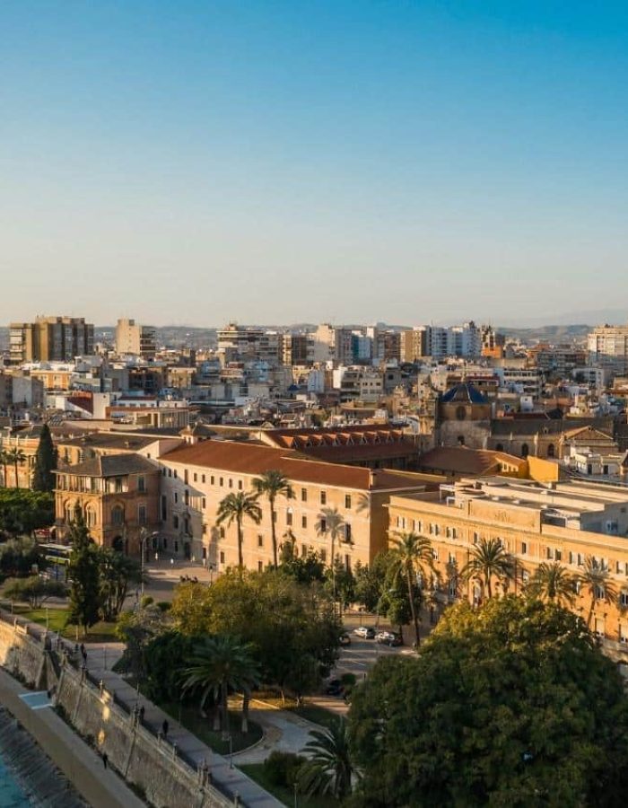 Vue aérienne d'une ville avec une cathédrale proéminente, des bâtiments historiques, des appartements modernes et une rivière avec un pont piétonnier sous un ciel bleu clair.