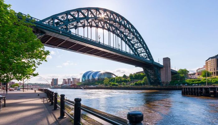 A large arched bridge spans a river on a sunny day, with modern buildings and green trees along the bank and a clear blue sky in the background.