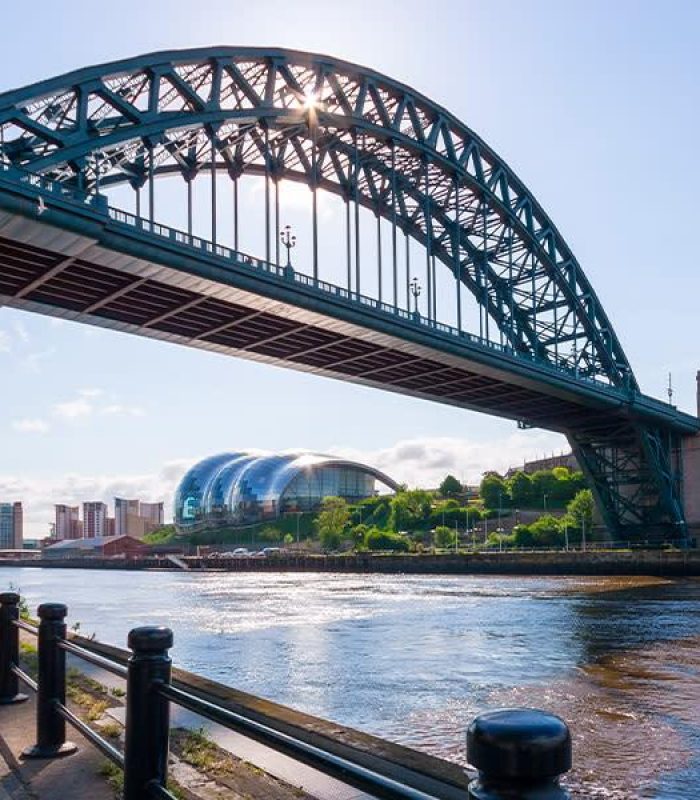 A large arched bridge spans a river on a sunny day, with modern buildings and green trees along the bank and a clear blue sky in the background.