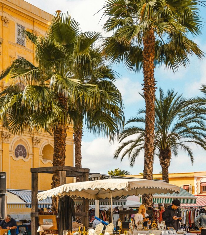 A bustling open-air market with white tents, tables displaying various wares and people strolling around. Large palm trees and a yellow building with arched windows are in the background, under a partly cloudy sky.