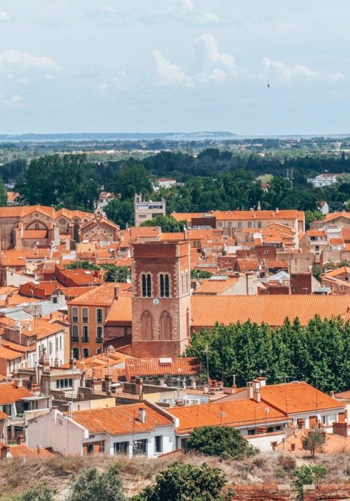 Panoramic view of a European city with red-tiled roofs, a historic central bell tower and tree-lined streets, against a backdrop of greenery and a distant horizon under a partly cloudy sky.