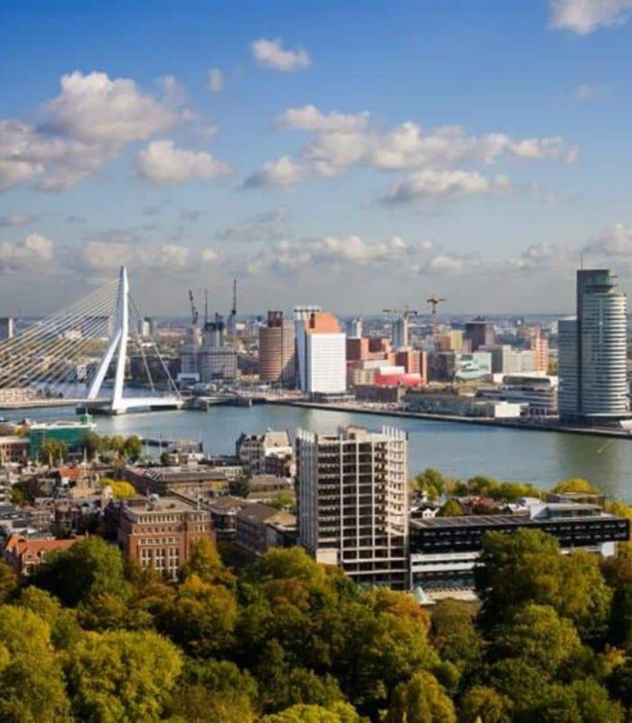 Paysage urbain de Rotterdam avec le pont Erasmus qui enjambe le fleuve, entouré de gratte-ciel modernes, d'eau et d'arbres verts sous un ciel bleu avec des nuages épars.