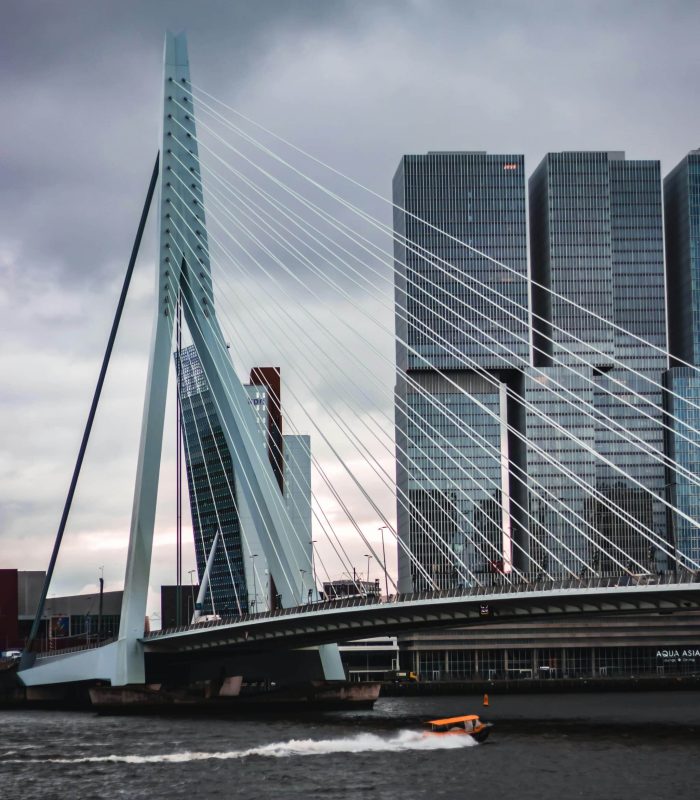 Un pont moderne à haubans enjambe une rivière et un bateau rapide passe en dessous, avec en toile de fond de grands gratte-ciel en verre sous un ciel nuageux.