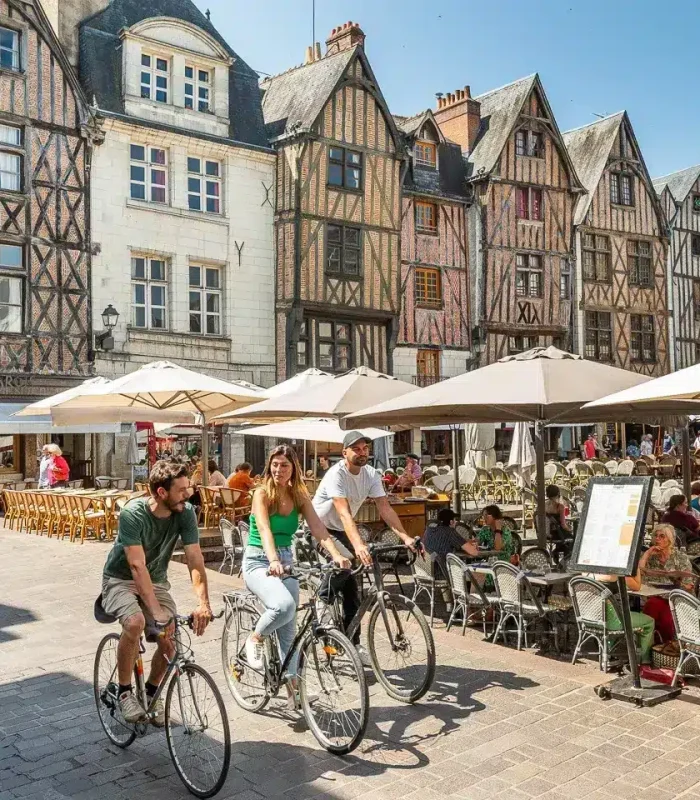 A bustling European square with people eating in open-air cafés under white parasols, cyclists passing by and historic half-timbered buildings in the background on a sunny day.