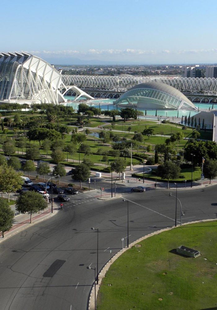 Vue large de la Cité des arts et des sciences de Valence, en Espagne, avec ses bâtiments modernes à l'architecture blanche, ses parcs verdoyants et ses routes sinueuses, sous un ciel bleu clair.