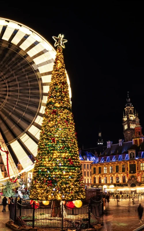 Un grand sapin de Noël orné de lumières scintillantes trône sur une place de la ville la nuit, à côté d'une grande grande roue illuminée, avec des bâtiments historiques en arrière-plan.